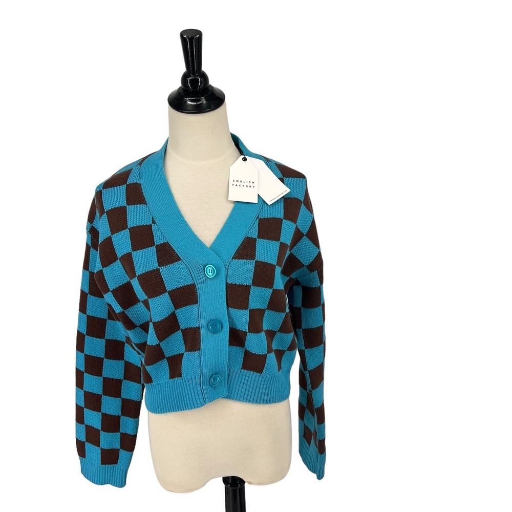 English Factory Brown Blue Checkerboard Checkered‎ Cardigan Sweater Sz S Preppy